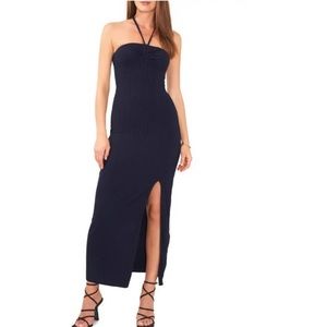 1. STATE Ruched Rib Knit Halter Maxi Dress, Navy Blue, Size Small, NWT